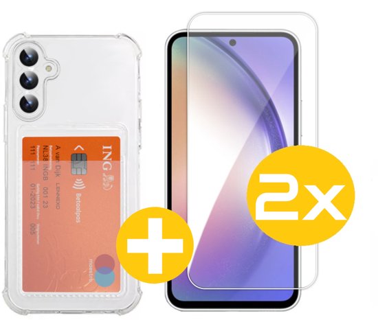 Pashouder Hoesje en Screenprotector Combi Geschikt Voor Samsung A54 - Pasjeshouder + 2x Screenprotector