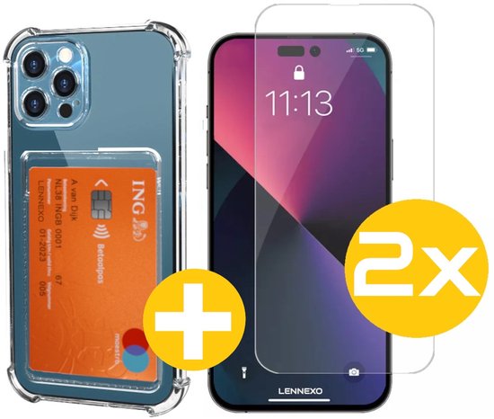 Pashouder Hoesje en Screenprotector Combi Geschikt Voor iPhone 14 Pro - Pasjeshouder + 2x Screenprotector