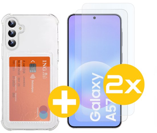 Pashouder Hoesje en Screenprotector Combi Geschikt Voor Samsung A57 - Pasjeshouder + 2x Screenprotector