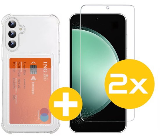 Pashouder Hoesje en Screenprotector Combi Geschikt Voor Samsung S23 FE (Fan Edition) - Pasjeshouder + 2x Screenprotector