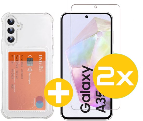 Pashouder Hoesje en Screenprotector Combi Geschikt Voor Samsung A35 - Pasjeshouder + 2x Screenprotector