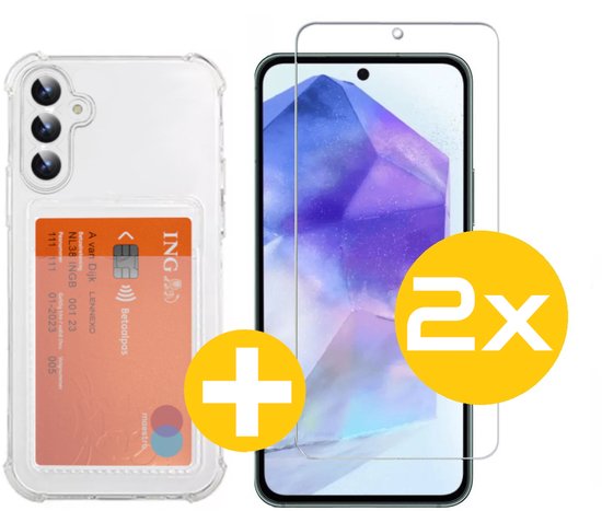 Pashouder Hoesje en Screenprotector Combi Geschikt Voor Samsung A55 - Pasjeshouder + 2x Screenprotector