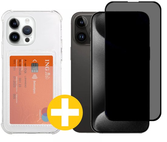Pashouder Hoesje en Privacy Screenprotector Combi Geschikt Voor iPhone 15 Pro - Pasjeshouder + Privacy Screenprotector