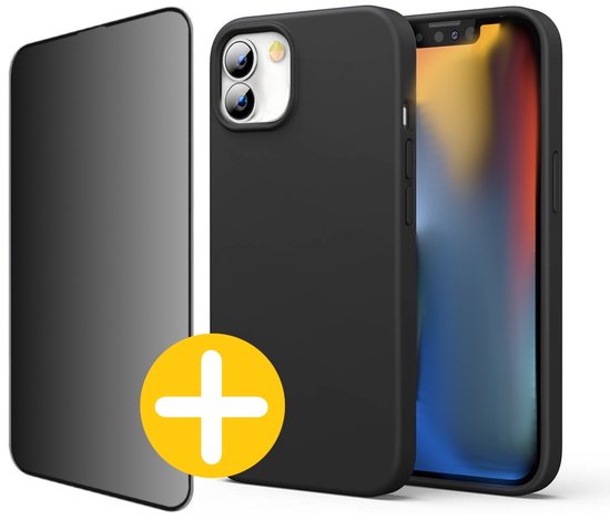Hoesje en Privacy Screenprotector Combi Geschikt Voor iPhone 12 Mini - Zwart Hoesje + Privacy Glas