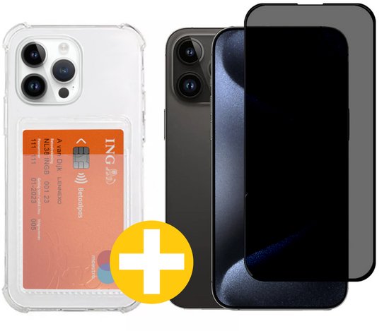Pashouder Hoesje en Privacy Screenprotector Combi Geschikt Voor iPhone 15 Pro Max - Pasjeshouder + Privacy Screenprotector