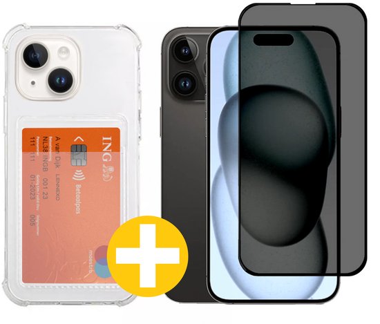 Pashouder Hoesje en Privacy Screenprotector Combi Geschikt Voor iPhone 15 Plus - Pasjeshouder + Privacy Screenprotector