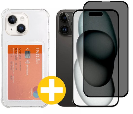 Pashouder Hoesje en Privacy Screenprotector Combi Geschikt Voor iPhone 15 - Pasjeshouder + Privacy Screenprotector