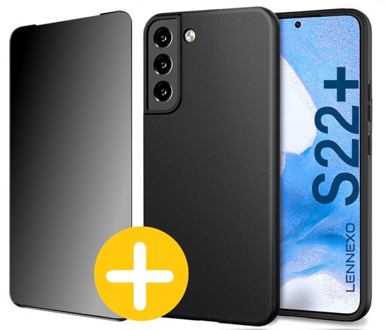 Hoesje en Privacy Screenprotector Combi Geschikt Voor Samsung S22+ (S22 PLUS) - Zwart Hoesje + Privacy Glas