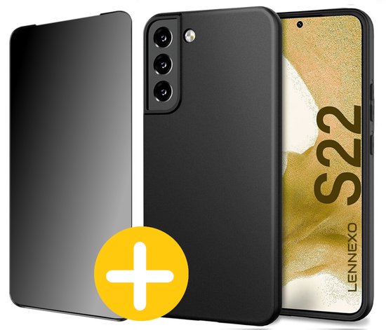 Hoesje en Privacy Screenprotector Combi Geschikt Voor Samsung S22 - Zwart Hoesje + Privacy Glas