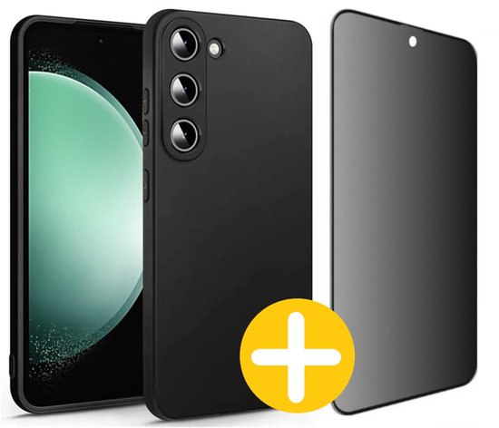 Hoesje en Privacy Screenprotector Combi Geschikt Voor Samsung S23FE (Fan Edition) - Zwart Hoesje + Privacy Glas