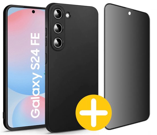 Hoesje en Privacy Screenprotector Combi Geschikt Voor Samsung S24FE (Fan Edition) - Zwart Hoesje + Privacy Glas