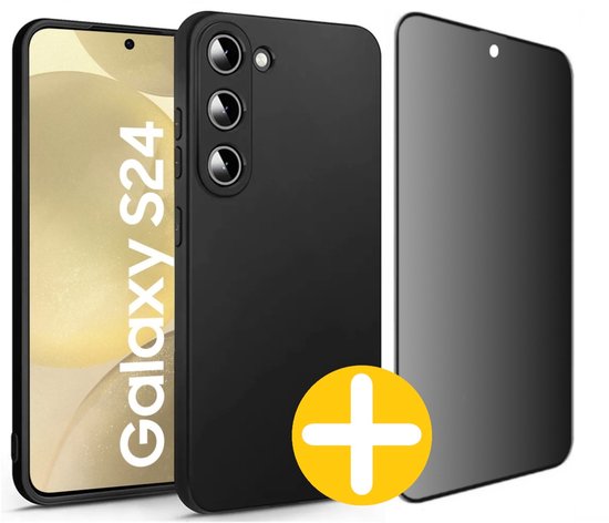 Hoesje en Privacy Screenprotector Combi Geschikt Voor Samsung S24 - Zwart Hoesje + Privacy Glas