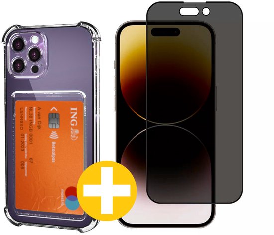 Pashouder Hoesje en Privacy Screenprotector Combi Geschikt Voor iPhone 14 Pro Max - Pasjeshouder + Privacy Screenprotector