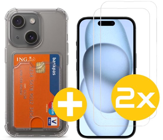 Pashouder Hoesje en Screenprotector Combi Geschikt Voor iPhone 15 Plus - Pasjeshouder + 2x Screenprotector