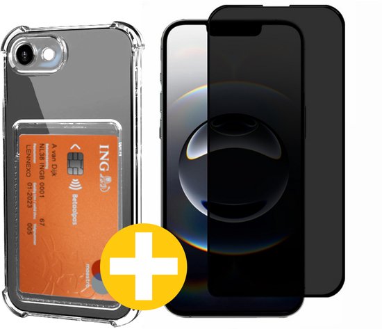 Pashouder Hoesje en Privacy Screenprotector Combi Geschikt Voor iPhone 17e / 16e - Pasjeshouder + Privacy Screenprotector