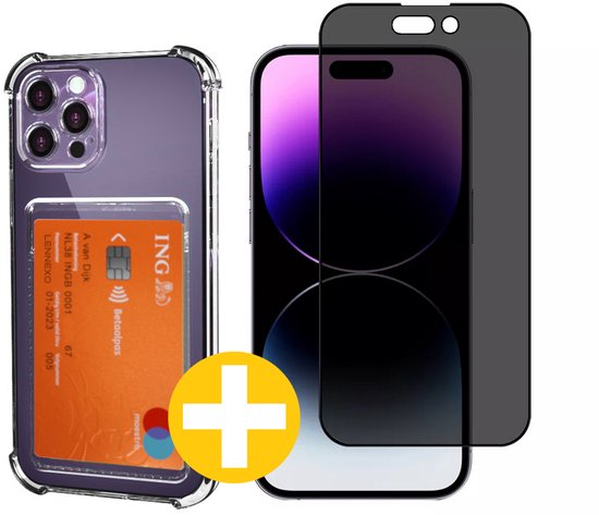 Pashouder Hoesje en Privacy Screenprotector Combi Geschikt Voor iPhone 14 Pro - Pasjeshouder + Privacy Screenprotector