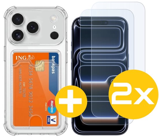 Pashouder Hoesje en Screenprotector Combi Geschikt Voor iPhone 17 Pro - Pasjeshouder + 2x Screenprotector