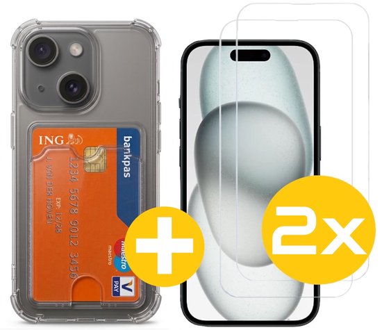 Pashouder Hoesje en Screenprotector Combi Geschikt Voor iPhone 15 - Pasjeshouder + 2x Screenprotector