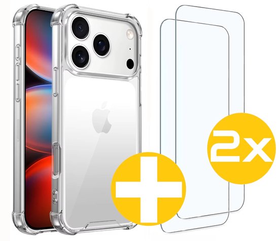 Hoesje en Screenprotector Combi Geschikt Voor iPhone 17 Pro - Anti Shock Hoesje + 2x Screenprotector