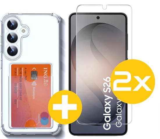 Pashouder Hoesje en Screenprotector Combi Geschikt Voor Samsung S26 - Pasjeshouder + 2x Screenprotector