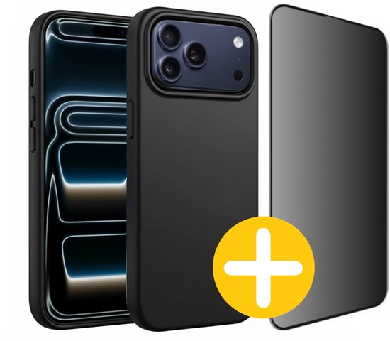 Hoesje en Privacy Screenprotector Combi Geschikt Voor iPhone 17 Pro - Zwart Hoesje + Privacy Glas