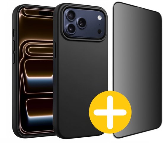 Hoesje en Privacy Screenprotector Combi Geschikt Voor iPhone 17 Pro Max - Zwart Hoesje + Privacy Glas