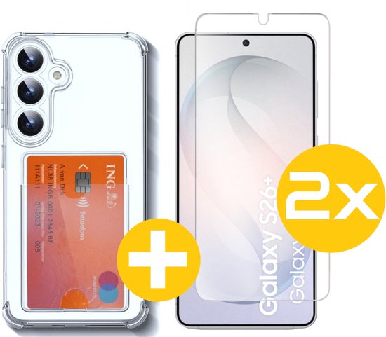 Pashouder Hoesje en Screenprotector Combi Geschikt Voor Samsung S26+ (S26 PLUS) - Pasjeshouder + 2x Screenprotector
