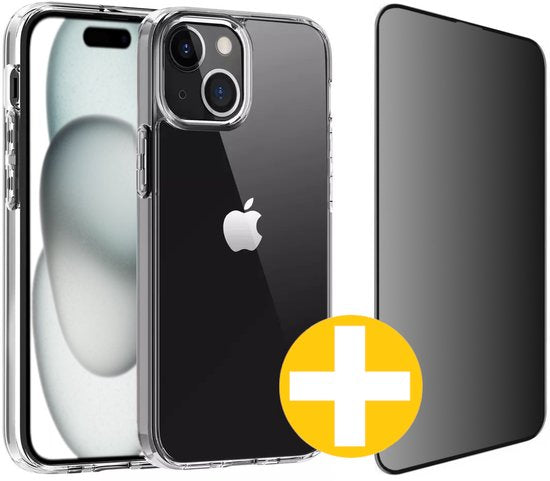 Hoesje en Privacy Screenprotector Combi Geschikt Voor iPhone 15 - Transparant Hoesje + Privacy Glas