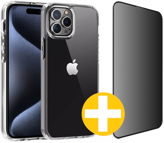 Hoesje en Privacy Screenprotector Combi Geschikt Voor iPhone 15 Pro Max - Transparant Hoesje + Privacy Glas