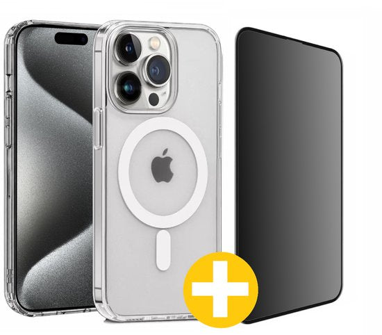 Magnetisch Hoesje en Privacy Screenprotector Combi Geschikt Voor iPhone 15 Pro - Hoesje Geschikt voor Magsafe + Privacy Screenprotector