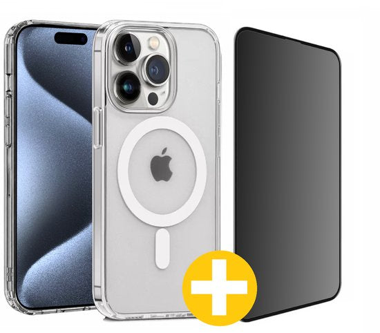 Magnetisch Hoesje en Privacy Screenprotector Combi Geschikt Voor iPhone 15 Pro Max - Hoesje Geschikt voor Magsafe + Privacy Screenprotector