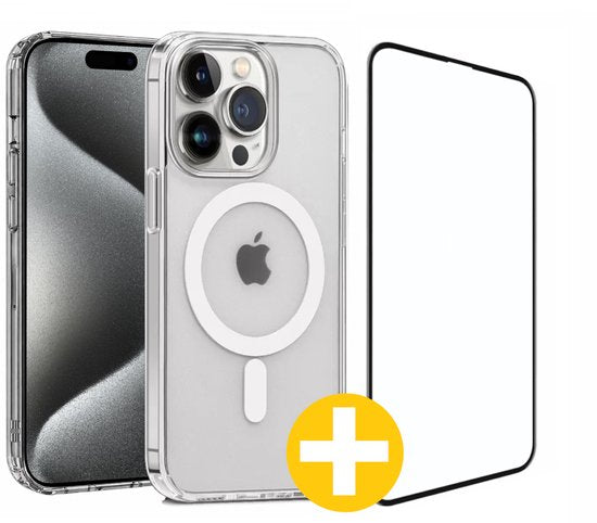 Magnetisch Hoesje en Screenprotector Combi Geschikt Voor iPhone 15 Pro - Hoesje Geschikt voor Magsafe + Premium Screenprotector