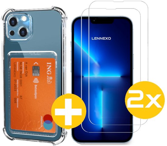 Pashouder Hoesje en Screenprotector Combi Geschikt Voor iPhone 13 Mini - Pasjeshouder + 2x Screenprotector