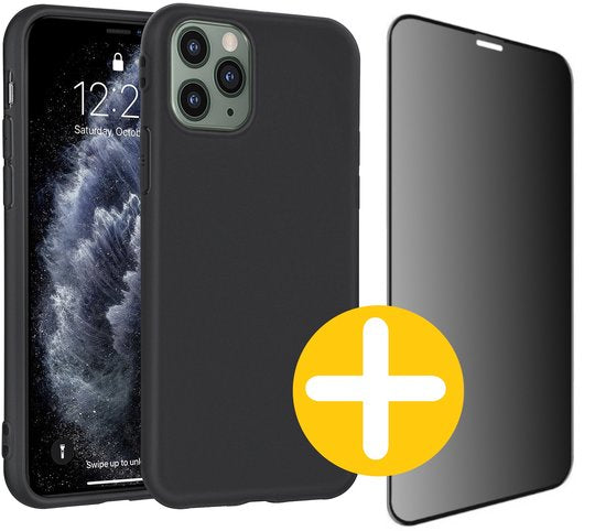 Hoesje en Privacy Screenprotector Combi Geschikt Voor iPhone 11 Pro Max - Zwart Hoesje + Privacy Glas