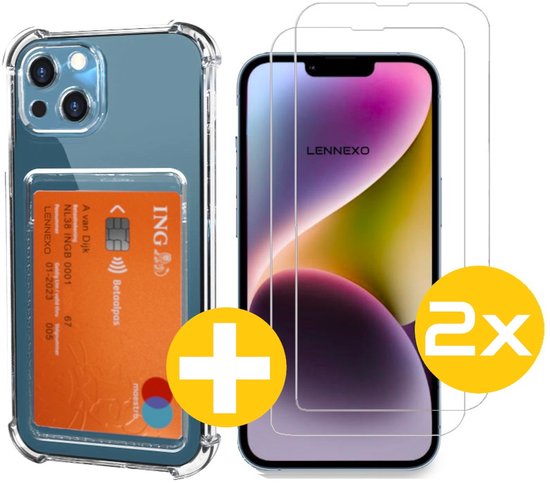 Pashouder Hoesje en Screenprotector Combi Geschikt Voor iPhone 14 Plus - Pasjeshouder + 2x Screenprotector