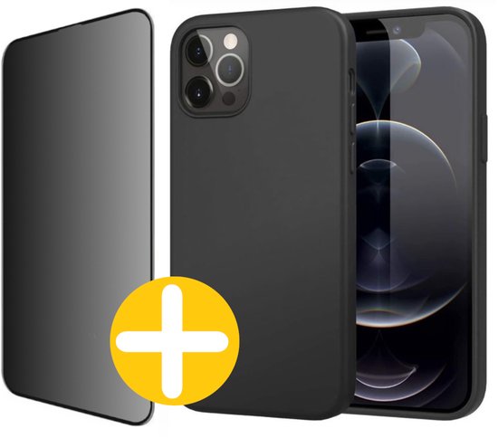 Hoesje en Privacy Screenprotector Combi Geschikt Voor iPhone 12 Pro Max - Zwart Hoesje + Privacy Glas