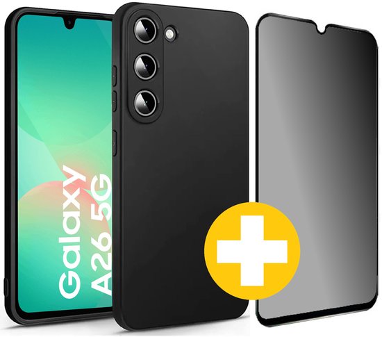 Hoesje en Privacy Screenprotector Combi Geschikt Voor Samsung A26 - Zwart Hoesje + Privacy Glas