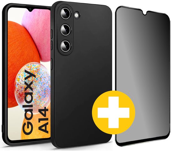 Hoesje en Privacy Screenprotector Combi Geschikt Voor Samsung A14 - Zwart Hoesje + Privacy Glas