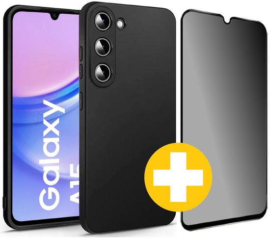 Hoesje en Privacy Screenprotector Combi Geschikt Voor Samsung A15 - Zwart Hoesje + Privacy Glas