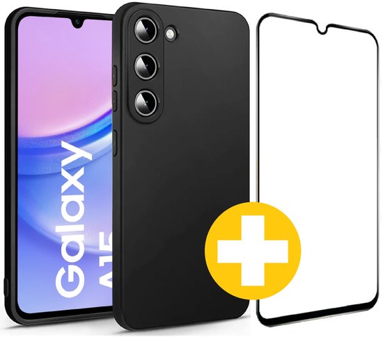 Hoesje en Screenprotector Combi Geschikt Voor Samsung A15 - Zwart Hoesje + Premium Screenprotector
