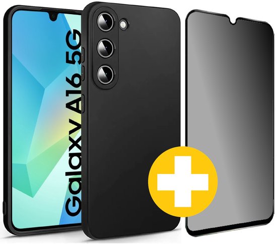 Hoesje en Privacy Screenprotector Combi Geschikt Voor Samsung A16 - Zwart Hoesje + Privacy Glas