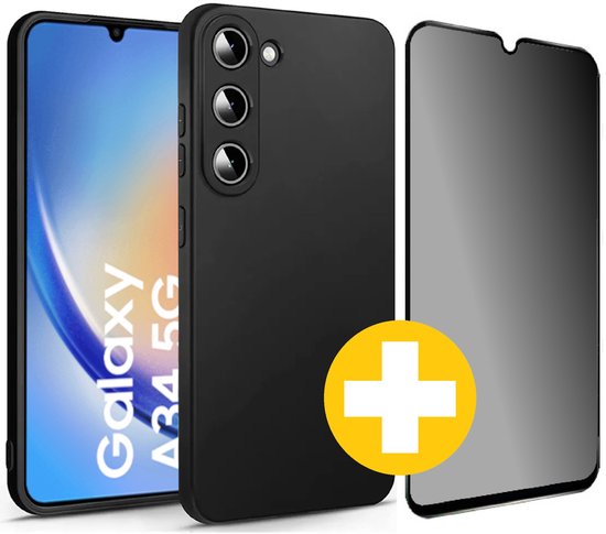Hoesje en Privacy Screenprotector Combi Geschikt Voor Samsung A34 - Zwart Hoesje + Privacy Glas