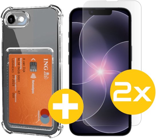 Pashouder Hoesje en Screenprotector Combi Geschikt Voor iPhone 17e/16e - Pasjeshouder + 2x Screenprotector