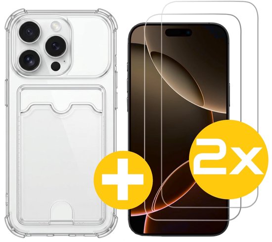 Pashouder Hoesje en Screenprotector Combi Geschikt Voor iPhone 16 Pro Max - Pasjeshouder + 2x Screenprotector