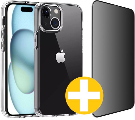 Hoesje en Privacy Screenprotector Combi Geschikt Voor iPhone 15 Plus - Transparant Hoesje + Privacy Glas