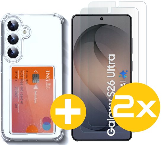 Pashouder Hoesje en Screenprotector Combi Geschikt Voor Samsung S26 Ultra - Pasjeshouder + 2x Screenprotector