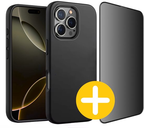 Hoesje en Privacy Screenprotector Combi Geschikt Voor iPhone 16 Pro Max - Zwart Hoesje + Privacy Glas