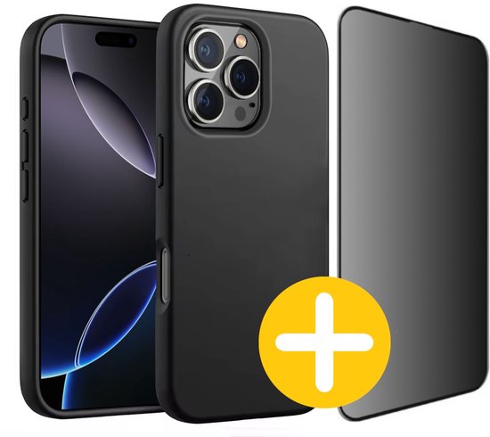 Hoesje en Privacy Screenprotector Combi Geschikt Voor iPhone 16 Pro - Zwart Hoesje + Privacy Glas