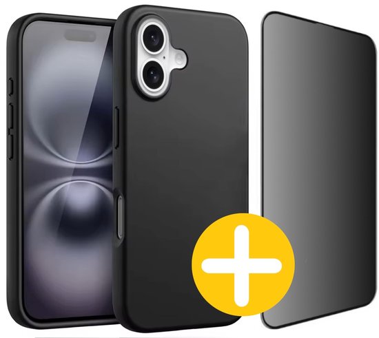 Hoesje en Privacy Screenprotector Combi Geschikt Voor iPhone 16 - Zwart Hoesje + Privacy Glas