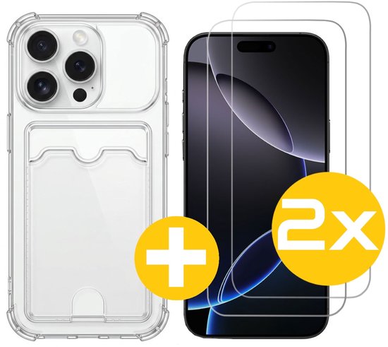 Pashouder Hoesje en Screenprotector Combi Geschikt Voor iPhone 16 Pro - Pasjeshouder + 2x Screenprotector